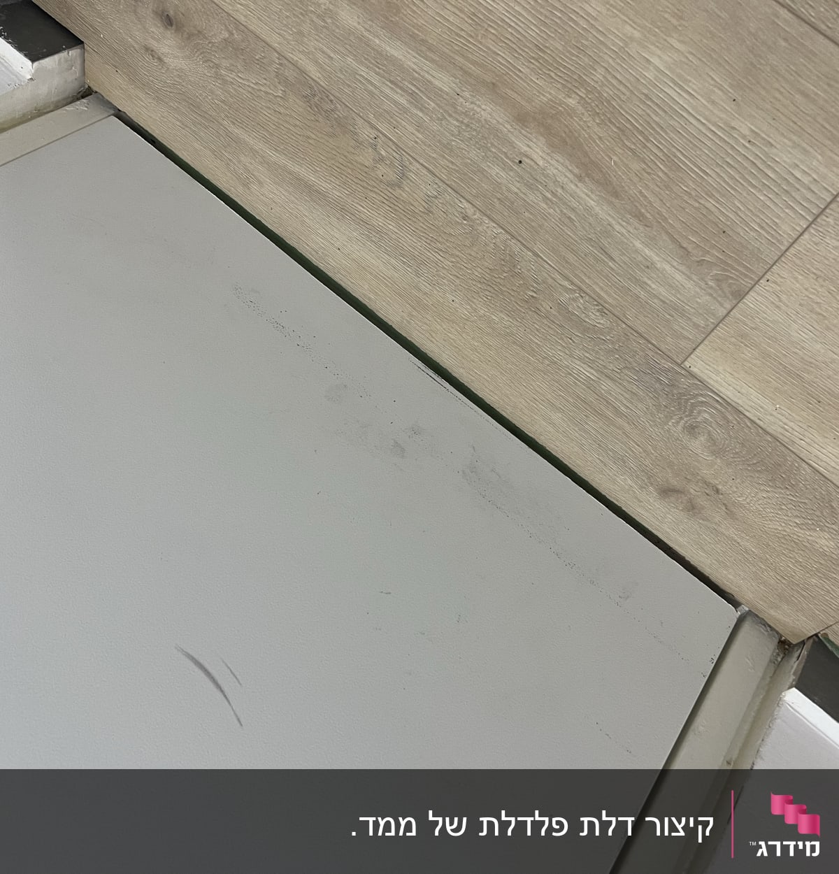דלת מתכת עם ציר ליד רצפת עץ